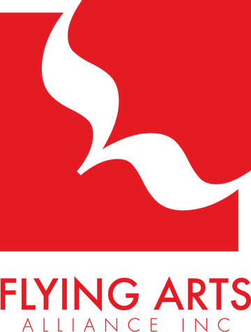 Logo of Flying Arts Alliance Inc with a white abstract design on a red background