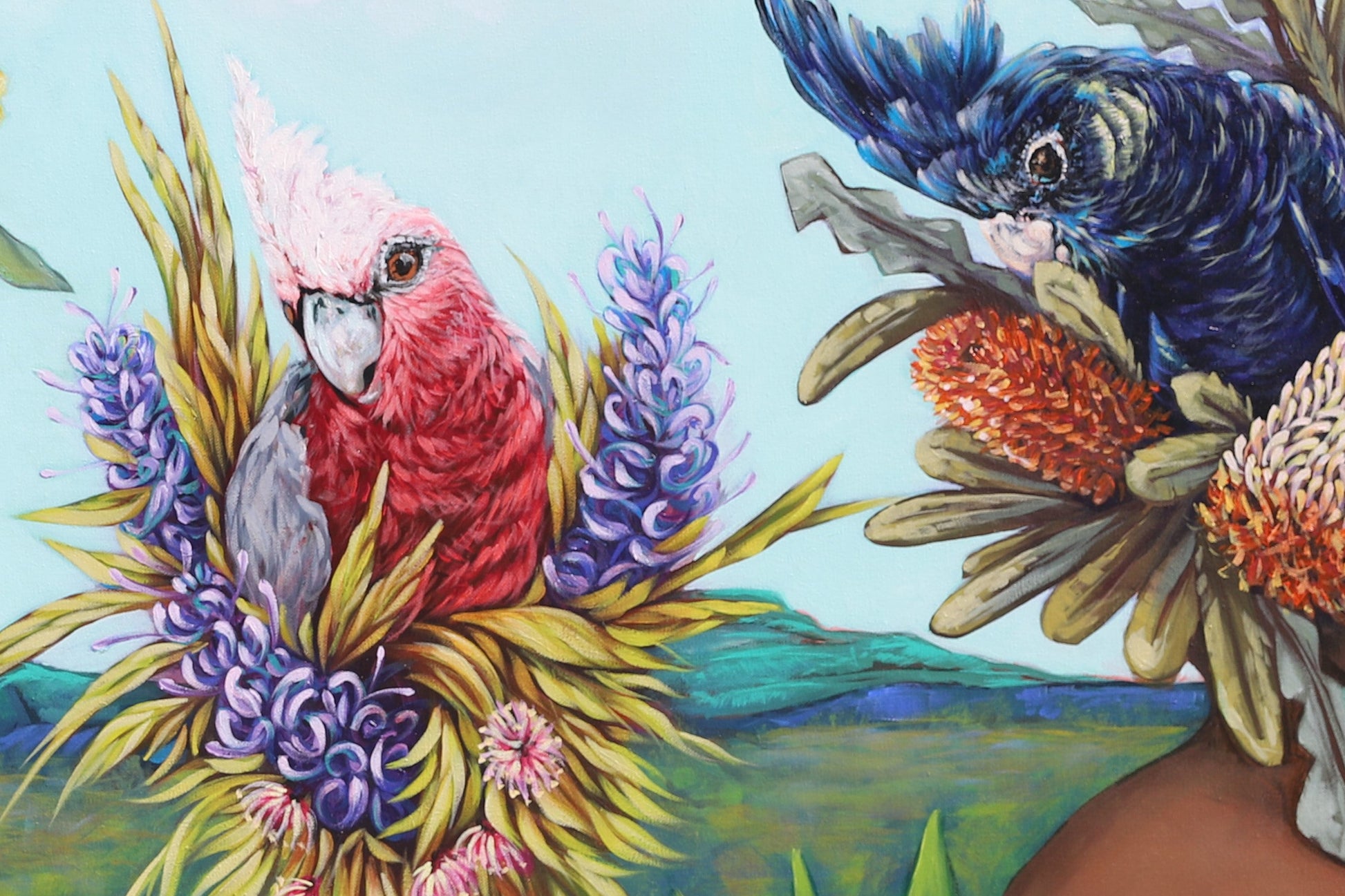 Artistic depiction of three people with parrot heads surrounded by nature elements.