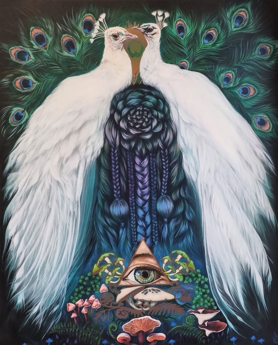 A canvas print featuring a colorful illustration of a peacock with elaborate feathers, surrounded by a forest grove and what appears to be a sacred or mystical symbolism.