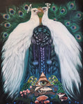 Artistic depiction of two peacocks with intricate feather details and a mystical eye symbol.